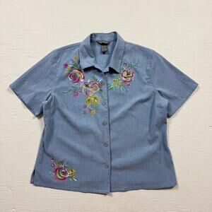 Vintage CityBlues By Koret Floral Embroidered Chambray Button Up Top, Size PL